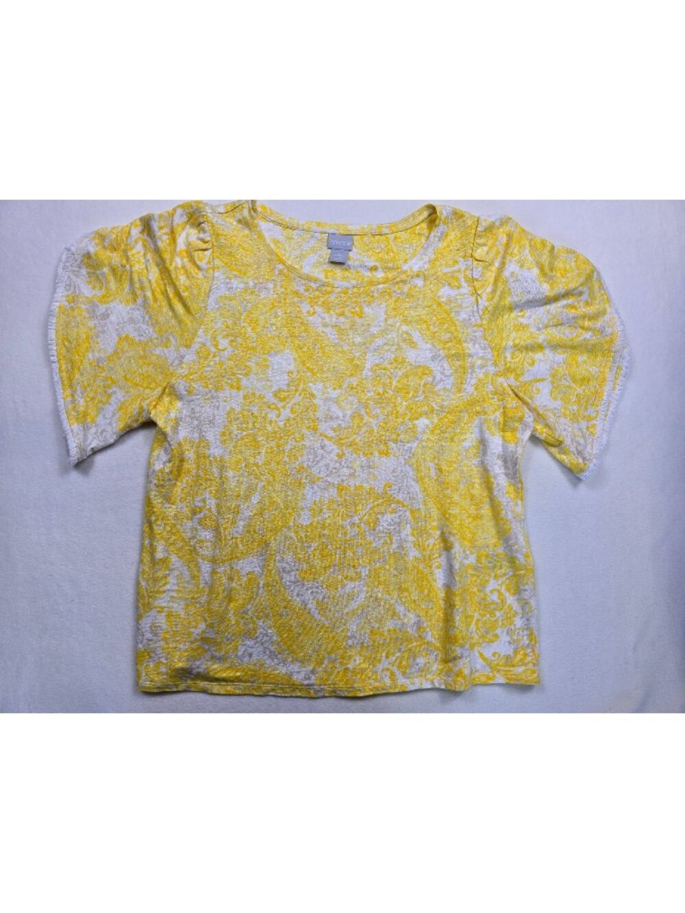 Chicos Womens Yellow & White Paisley 100% Linen Short Sleeve Top Size 2 Large